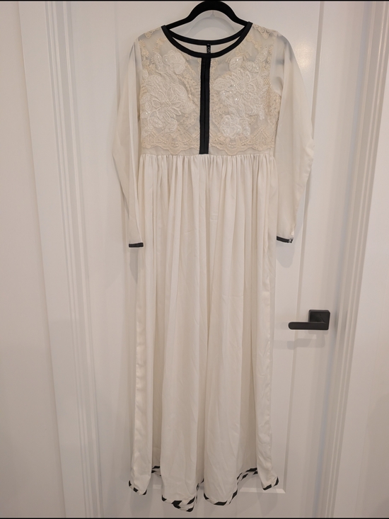 Origins Dresses & Skirts - Ivory White Long Sleeve Embroidered Maxi Dress with Black Trim XS